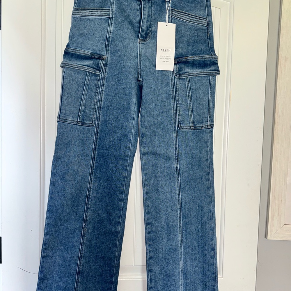 Risen NWT High Rise Blue Cargo Jeans
